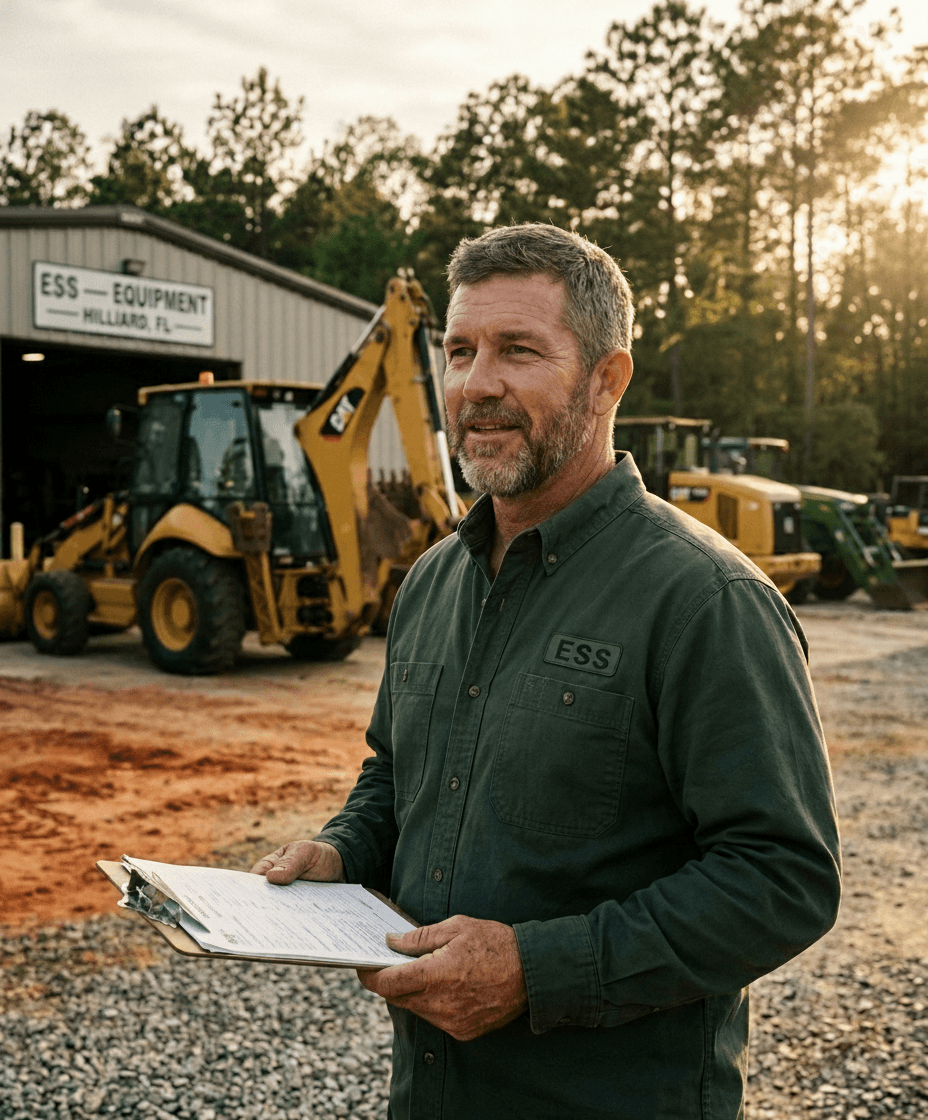 Equipment Service and Supply LLC team at the Hilliard, Florida yard with an inspected backhoe behind them