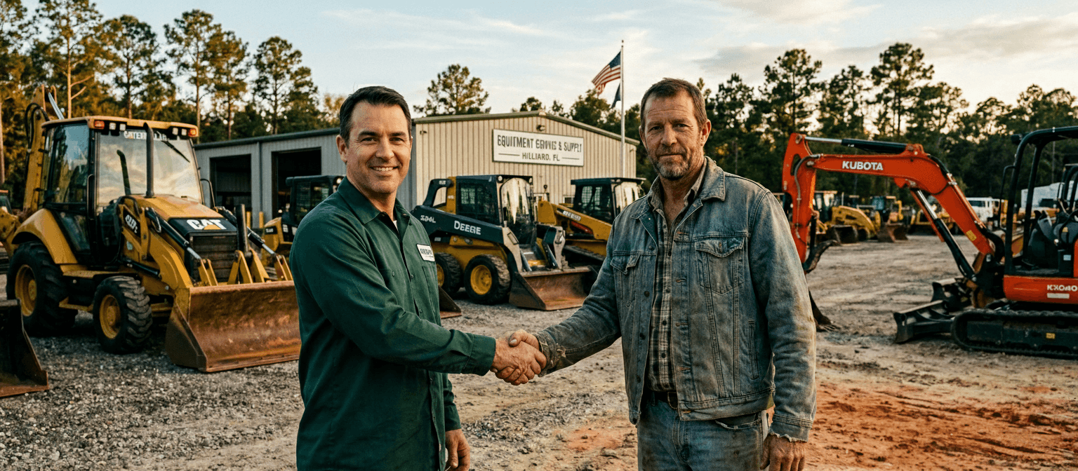 Equipment Service and Supply team and a buyer shaking hands in front of inspected iron at the Hilliard, Florida yard