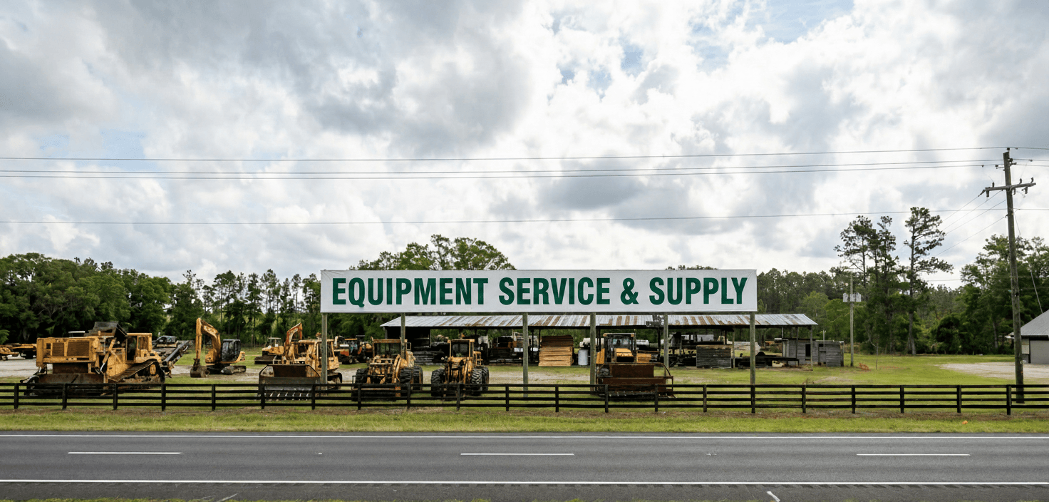 Wide aerial view of the Equipment Service and Supply yard in Hilliard, Florida — rows of inspected backhoes, excavators, and skid steers