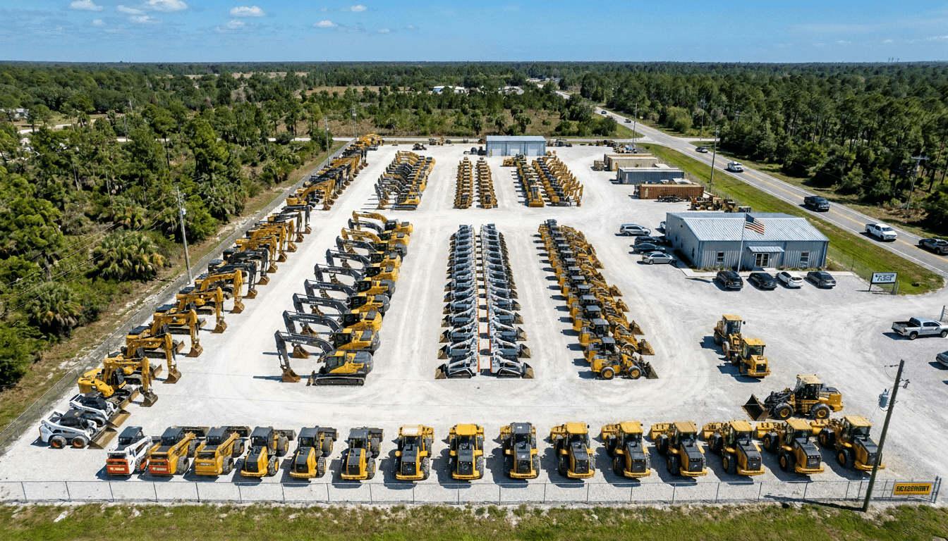 Aerial view of a heavy equipment yard in Florida with excavators and loaders staged on crushed limestone
