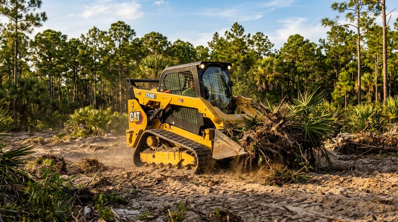 Compact track loader working on a Florida land-clearing job with palmetto scrub in the background