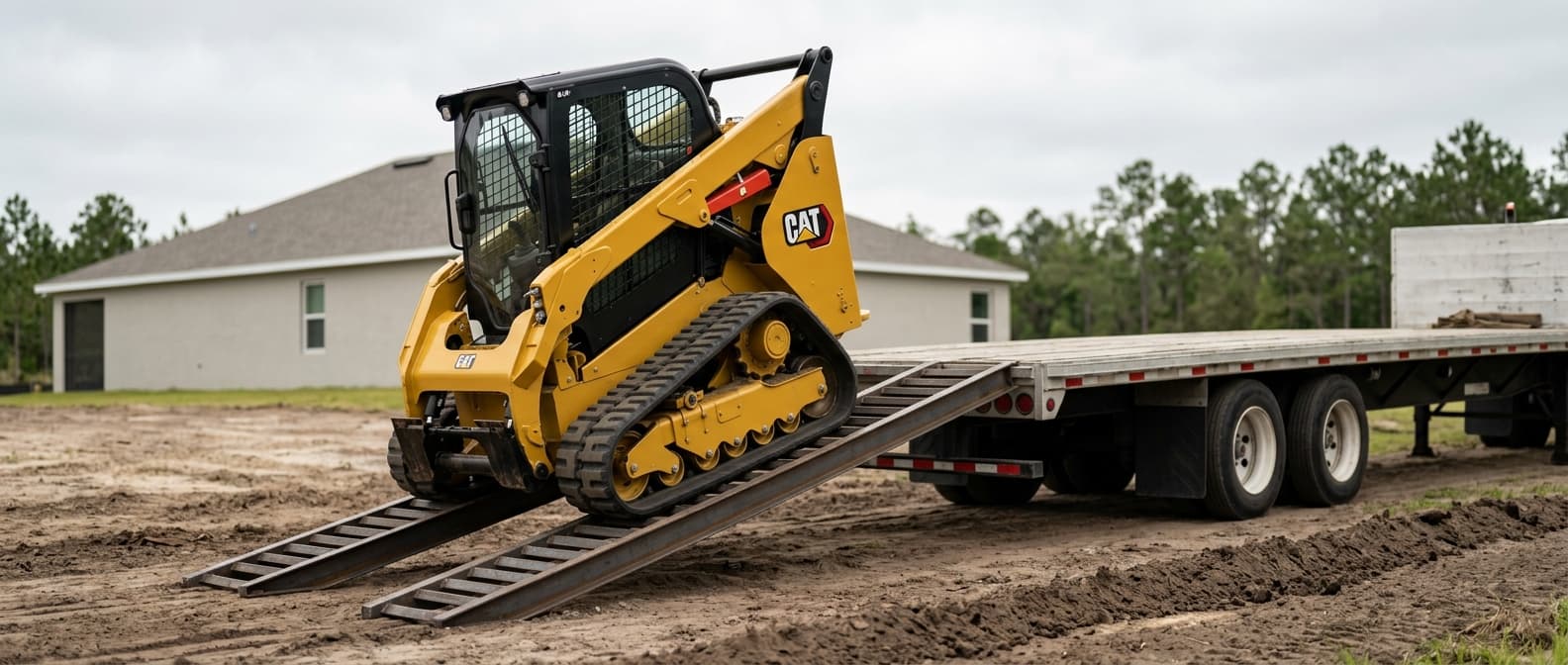 Compact track loader being driven down a flatbed delivery trailer on a residential lot — day one delivery