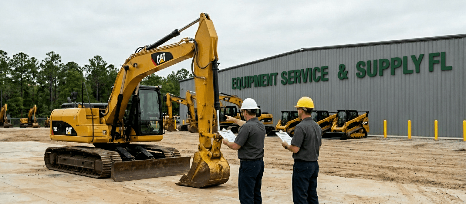 Two ESS technicians comparing inspection paperwork next to a clean used CAT excavator at the Hilliard yard